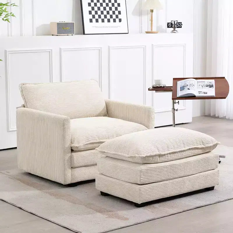 Modern Corduroy Fabric Upholstered Accent Chair with Ottoman