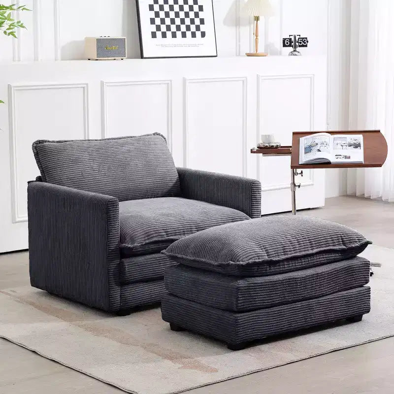 Modern Corduroy Fabric Upholstered Accent Chair with Ottoman