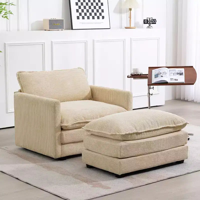 Modern Corduroy Fabric Upholstered Accent Chair with Ottoman