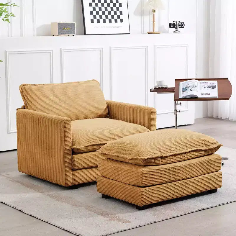 Modern Corduroy Fabric Upholstered Accent Chair with Ottoman
