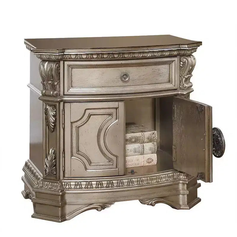 30" Nightstand with Drawer & Cabinet Door, Rubberwood, Antique Metal Hardware, Silver Top