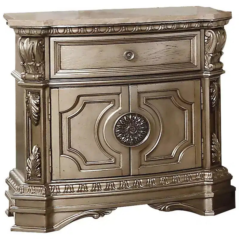 30" Nightstand with Drawer & Cabinet Door, Rubberwood, Antique Metal Hardware, Silver Top