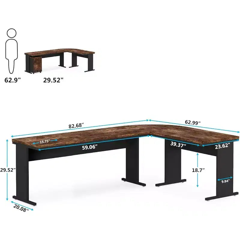 Bureau de direction en forme de L de 210 cm avec caisson mobile à 3 tiroirs, marron rustique