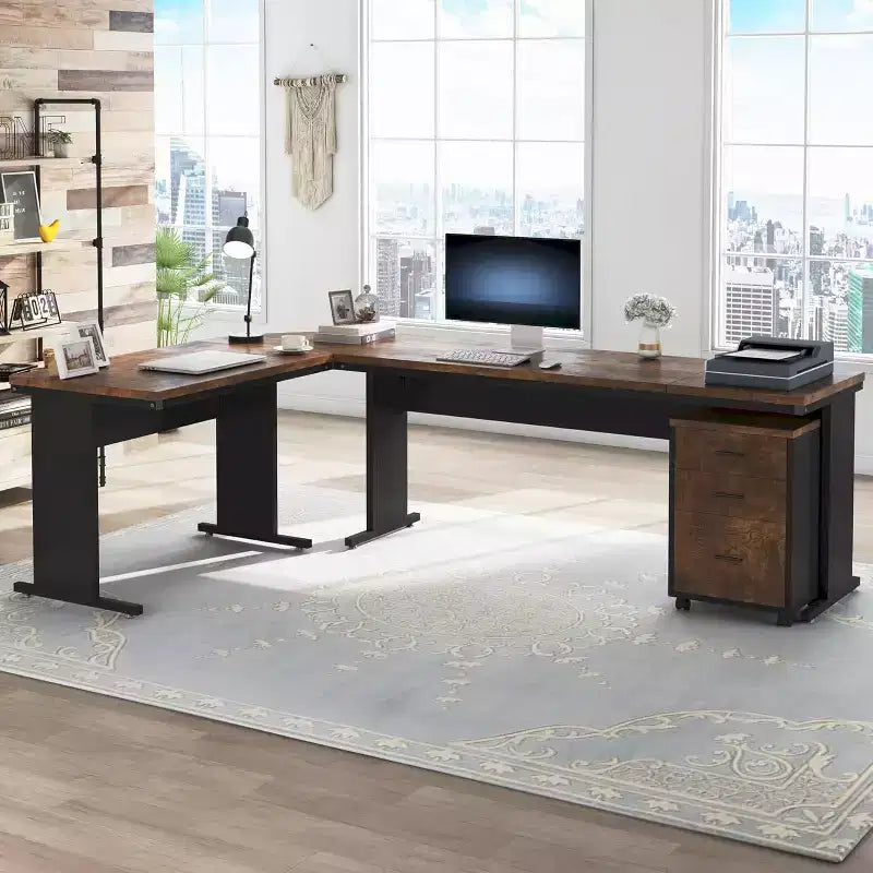 Bureau de direction en forme de L de 210 cm avec caisson mobile à 3 tiroirs, marron rustique