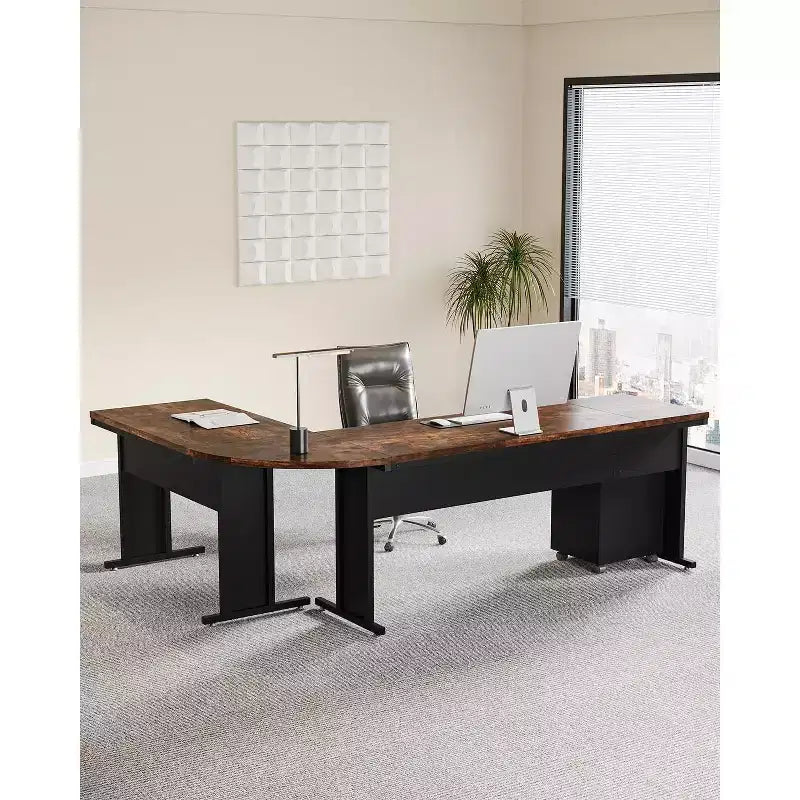 Bureau de direction en forme de L de 210 cm avec caisson mobile à 3 tiroirs, marron rustique