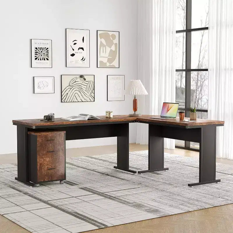 Bureau de direction en forme de L de 210 cm avec caisson mobile à 3 tiroirs, marron rustique
