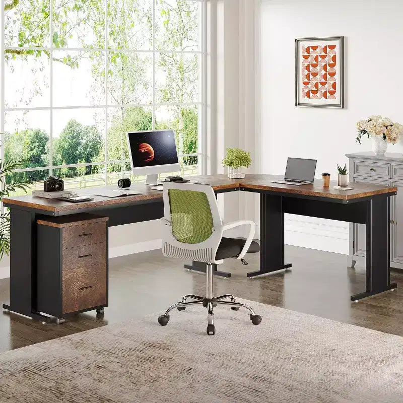 Bureau de direction en forme de L de 210 cm avec caisson mobile à 3 tiroirs, marron rustique