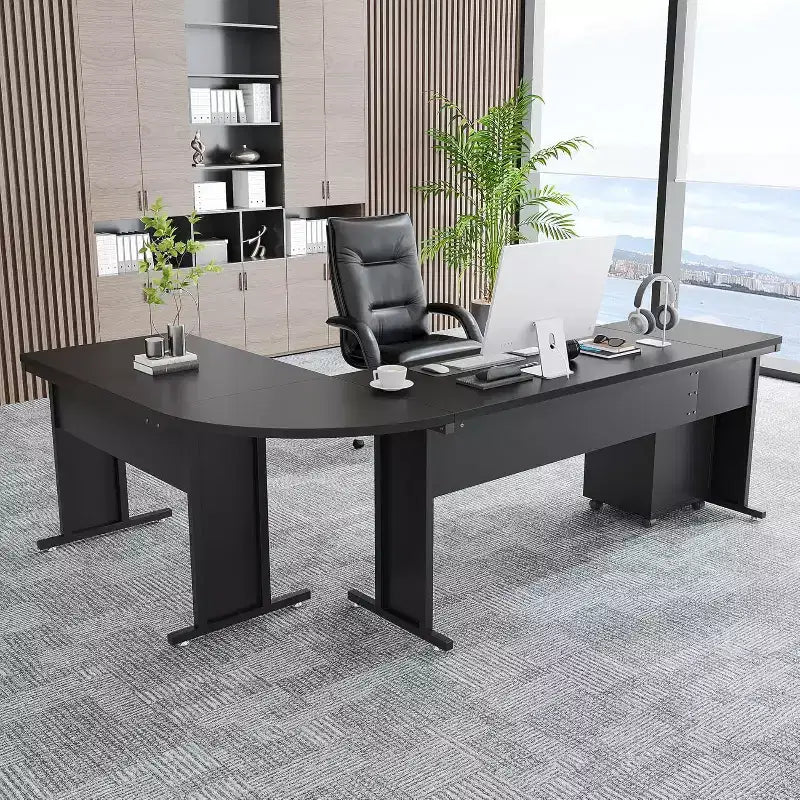 82.68" L-Shaped Executive Desk with 3-Drawer Mobile File Cabinet, Rustic Brown