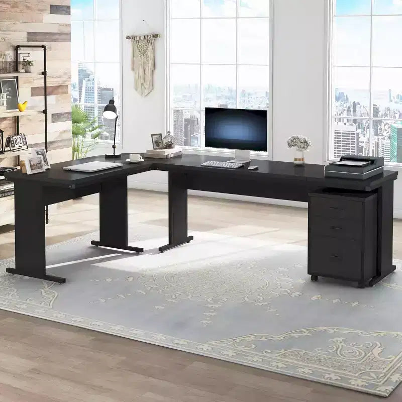 Bureau de direction en forme de L de 210 cm avec caisson mobile à 3 tiroirs, marron rustique