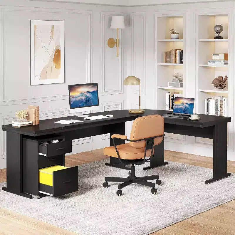 82.68" L-Shaped Executive Desk with 3-Drawer Mobile File Cabinet, Rustic Brown