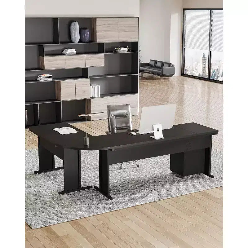 Bureau de direction en forme de L de 210 cm avec caisson mobile à 3 tiroirs, marron rustique