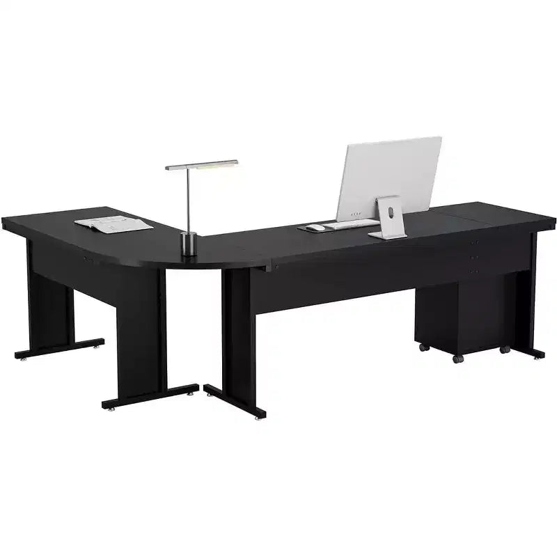 82.68" L-Shaped Executive Desk with 3-Drawer Mobile File Cabinet, Rustic Brown