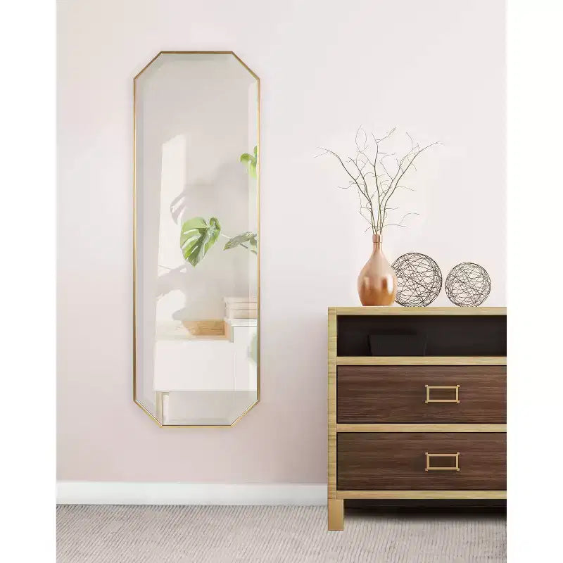Miroir mural pleine longueur 16" x 48", forme octogonale, verre biseauté, encadré