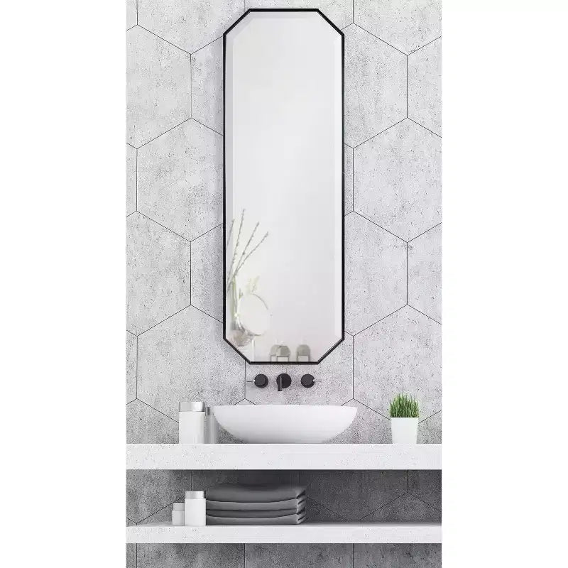 16" x 48" Full Length Wall Mirror, Octagon Shape, Beveled Glass, Framed