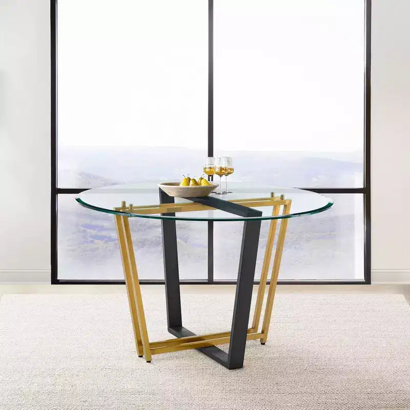 Table à manger ronde en verre de 122 cm, base tréteau en acier inoxydable brossé et fer forgé, 6 places