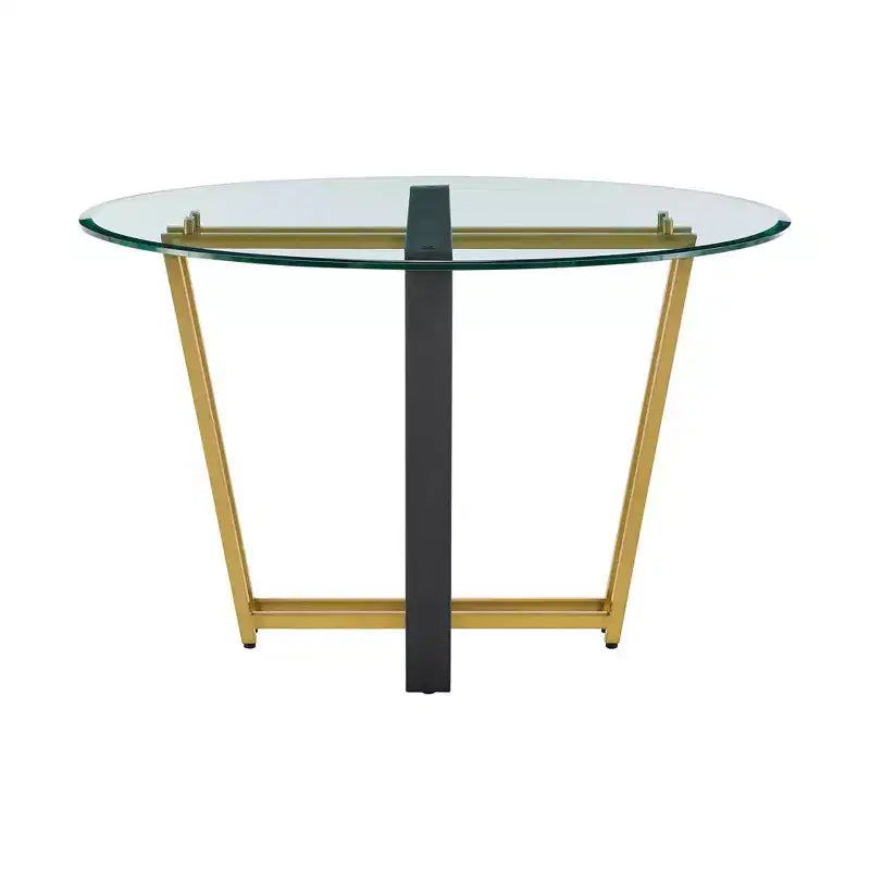 Table à manger ronde en verre de 122 cm, base tréteau en acier inoxydable brossé et fer forgé, 6 places