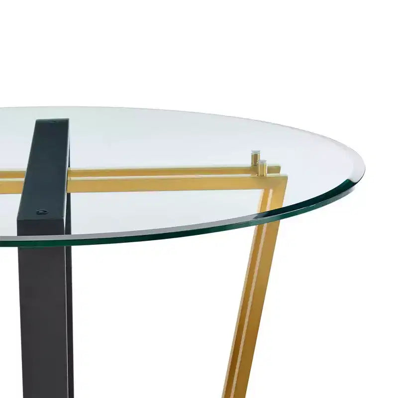 Table à manger ronde en verre de 122 cm, base tréteau en acier inoxydable brossé et fer forgé, 6 places