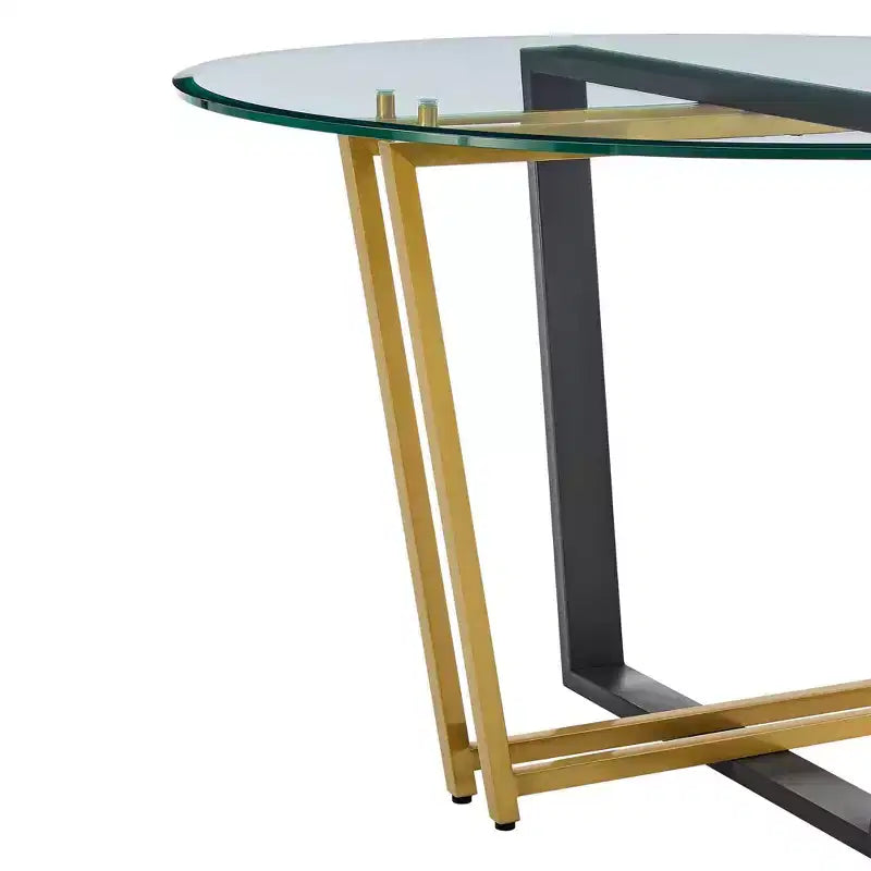 Table à manger ronde en verre de 122 cm, base tréteau en acier inoxydable brossé et fer forgé, 6 places