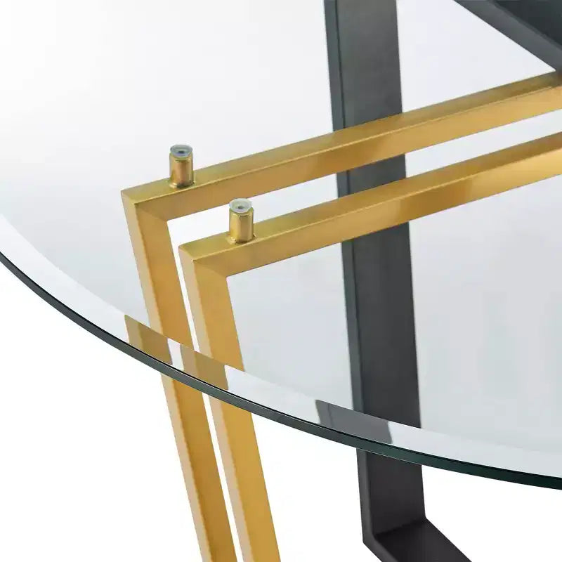 Table à manger ronde en verre de 122 cm, base tréteau en acier inoxydable brossé et fer forgé, 6 places