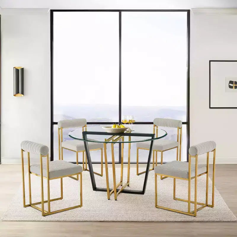 Table à manger ronde en verre de 122 cm, base tréteau en acier inoxydable brossé et fer forgé, 6 places