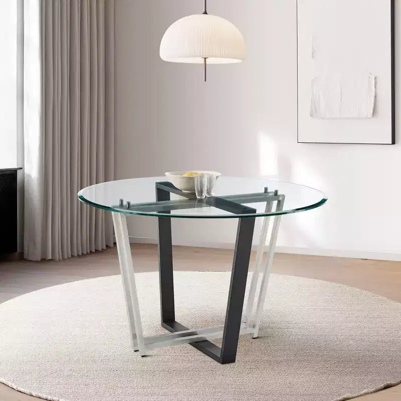 Table à manger ronde en verre de 122 cm, base tréteau en acier inoxydable brossé et fer forgé, 6 places