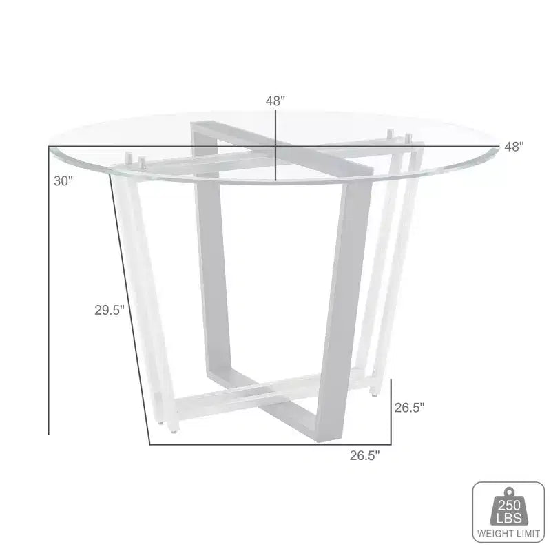 Table à manger ronde en verre de 122 cm, base tréteau en acier inoxydable brossé et fer forgé, 6 places
