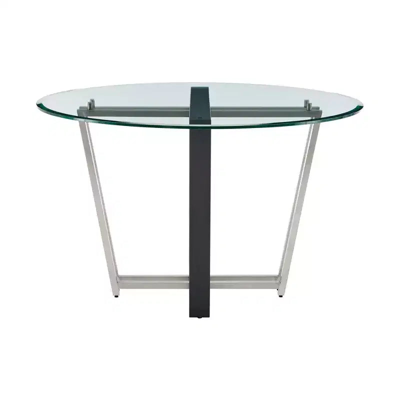 48" Round Glass Dining Table, Brushed Stainless Steel & Iron Trestle Base, Seats 6