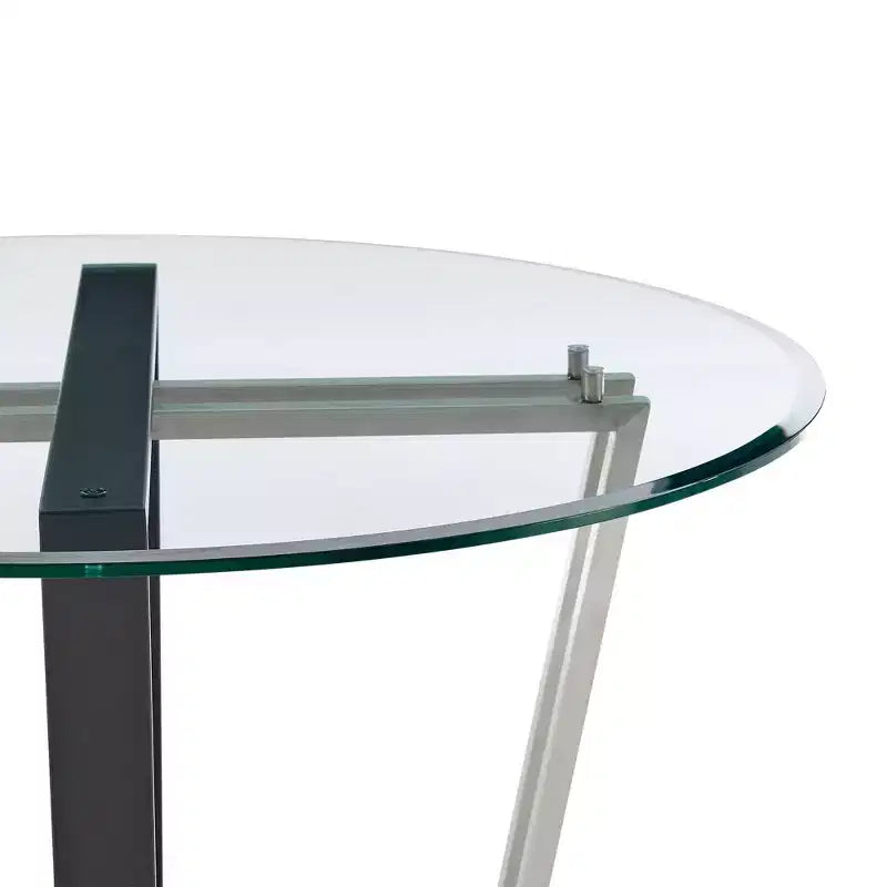Table à manger ronde en verre de 122 cm, base tréteau en acier inoxydable brossé et fer forgé, 6 places