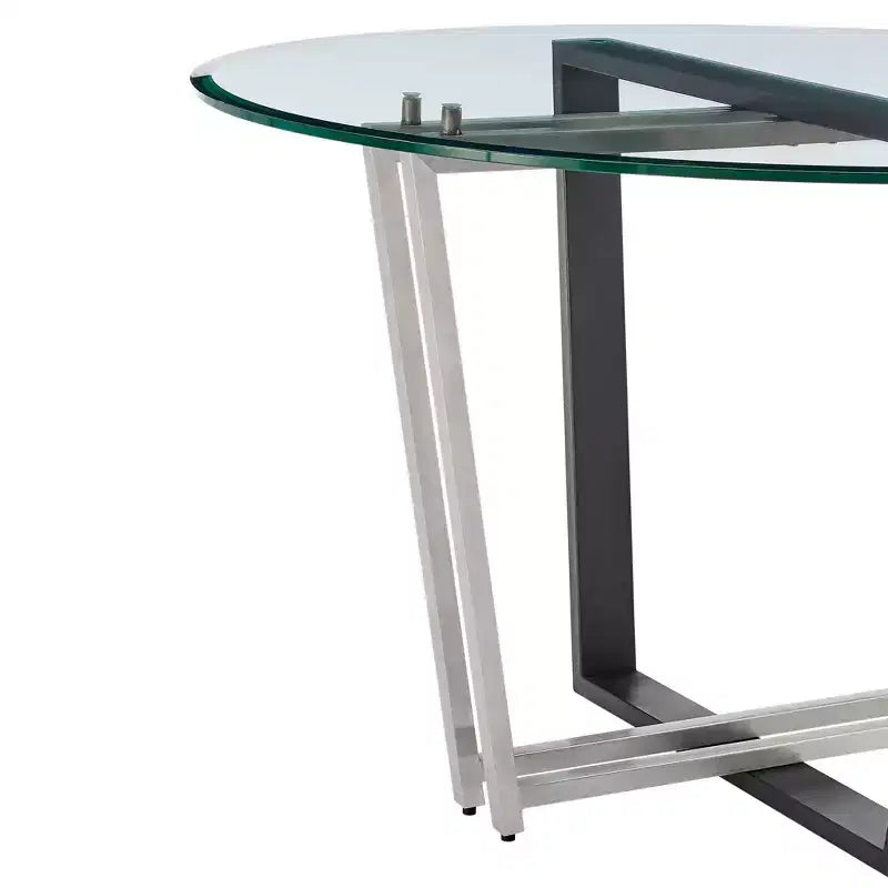 48" Round Glass Dining Table, Brushed Stainless Steel & Iron Trestle Base, Seats 6