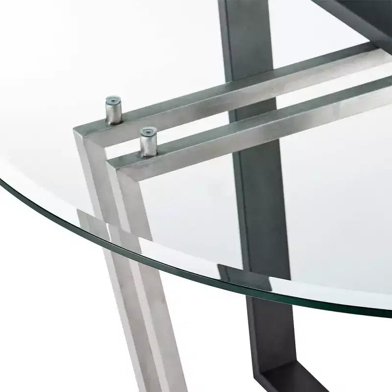 Table à manger ronde en verre de 122 cm, base tréteau en acier inoxydable brossé et fer forgé, 6 places