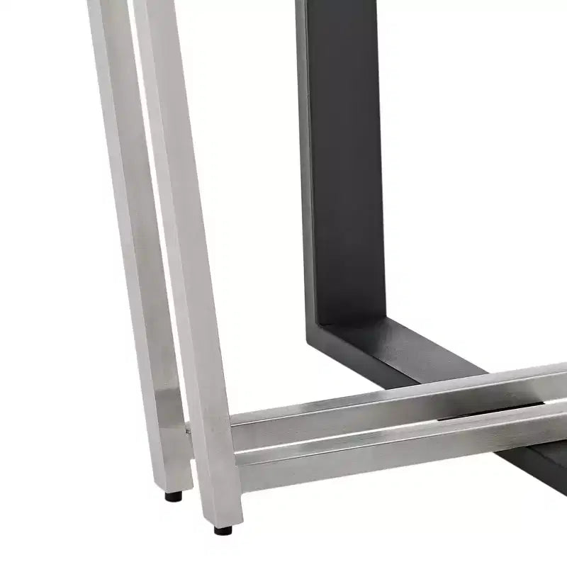 Table à manger ronde en verre de 122 cm, base tréteau en acier inoxydable brossé et fer forgé, 6 places