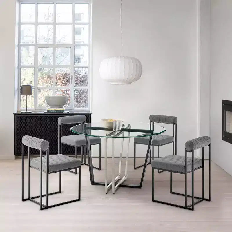 Table à manger ronde en verre de 122 cm, base tréteau en acier inoxydable brossé et fer forgé, 6 places