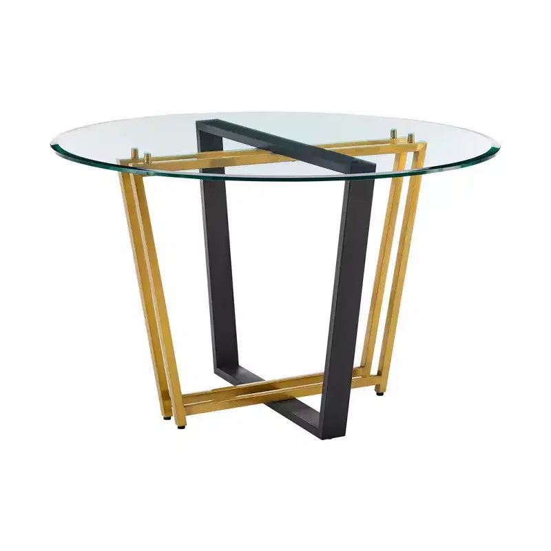 48" Round Glass Dining Table, Brushed Stainless Steel & Iron Trestle Base, Seats 6
