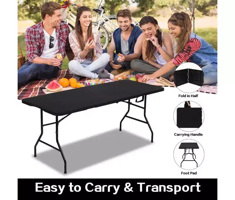 6-Foot Fold-in-Half Portable Folding Table, HDPE Plastic, Seats 8-10, Black