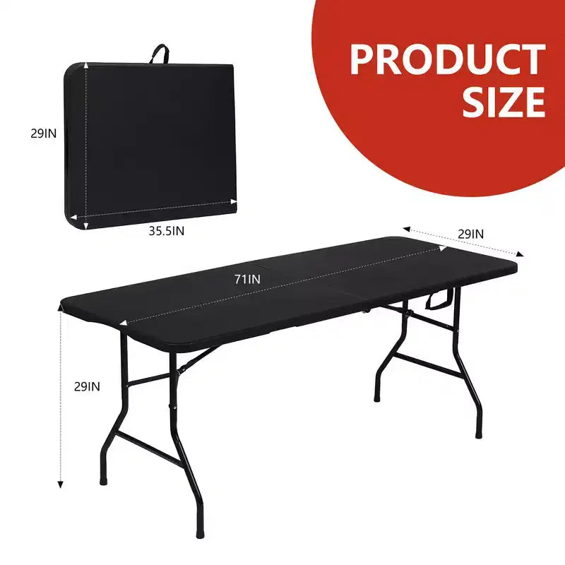 Table pliante portative de 1,8 m, pliable en deux, en plastique HDPE, pour 8 à 10 personnes, noire