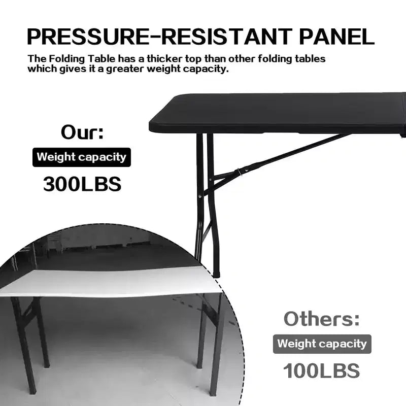 Table pliante portative de 1,8 m, pliable en deux, en plastique HDPE, pour 8 à 10 personnes, noire