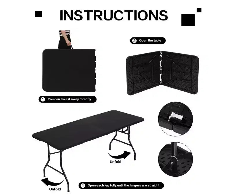 Table pliante portative de 1,8 m, pliable en deux, en plastique HDPE, pour 8 à 10 personnes, noire