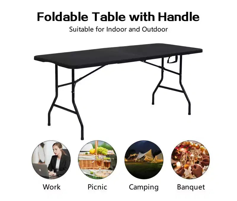 Table pliante portative de 1,8 m, pliable en deux, en plastique HDPE, pour 8 à 10 personnes, noire