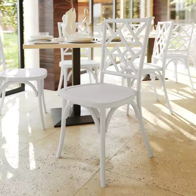 Commercial Grade Solid Wood Stackable Dining Chair, Intricate Back, 350 lb, 5-Year Warranty