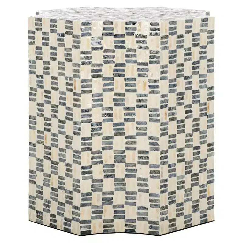 Table d'appoint mosaïque incrustée de capiz, blanc/noir, 46 cm de large, capacité de 30 kg