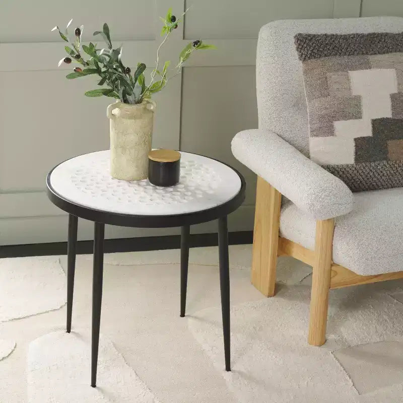 Round Marble Side Table, White Marble Top, Black Iron Base, 19" W, 15 lb Capacity