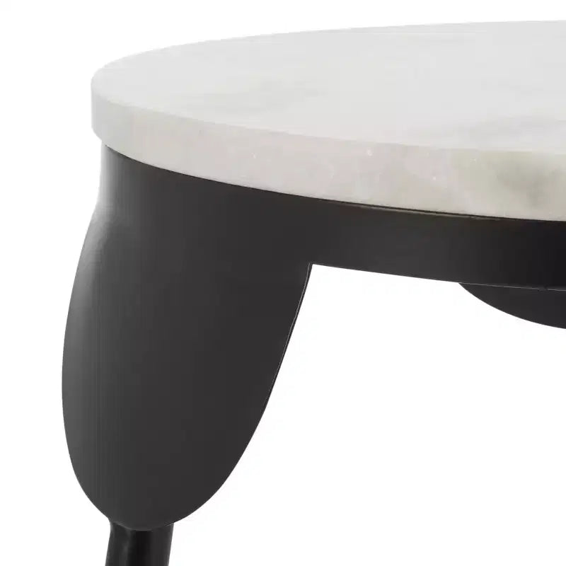 Round White Marble Accent Table, Black Powder-Coated Iron Legs, 60 lb Capacity