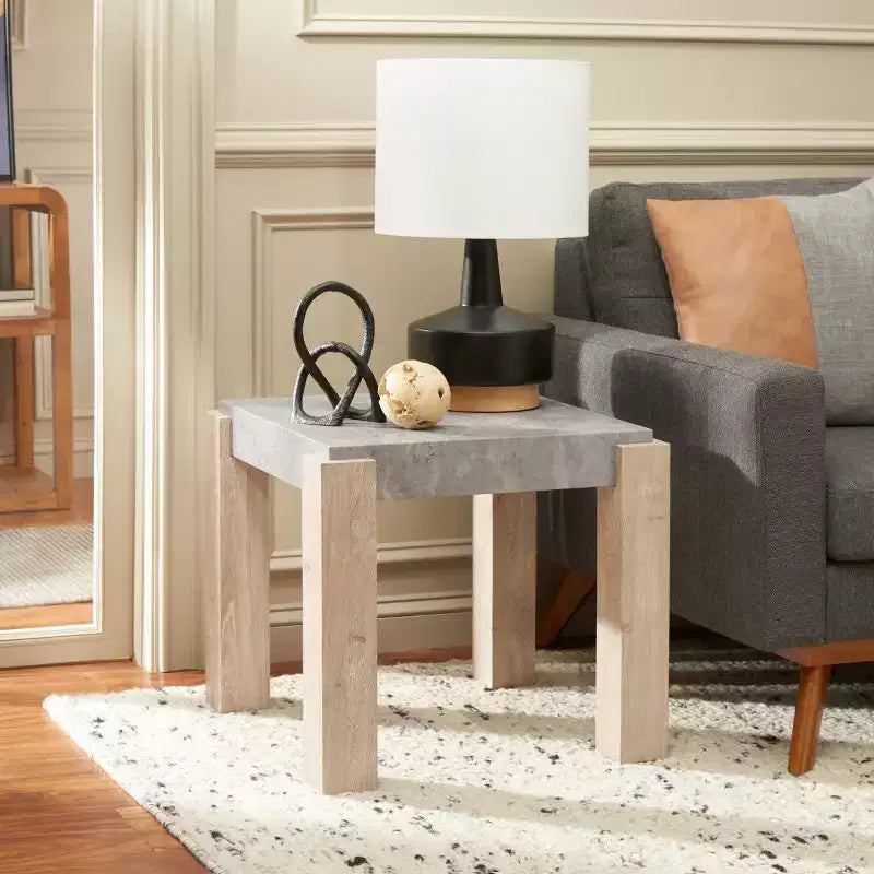 Industrial Square End Table, Faux Concrete Veneer Top, Light Grey/Natural