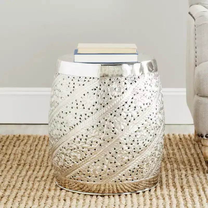Cylinder Etched Aluminum Accent Stool/End Table, Nickel Finish, 18.8" H