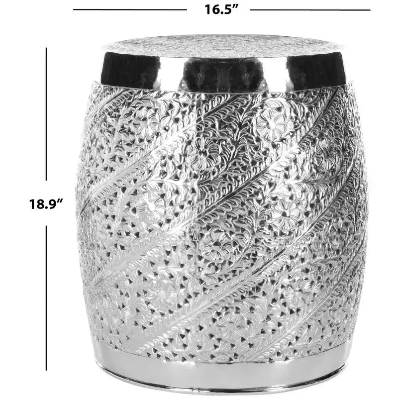 Tabouret d'appoint/Table basse cylindre en aluminium gravé, finition nickel, 47,7 cm H