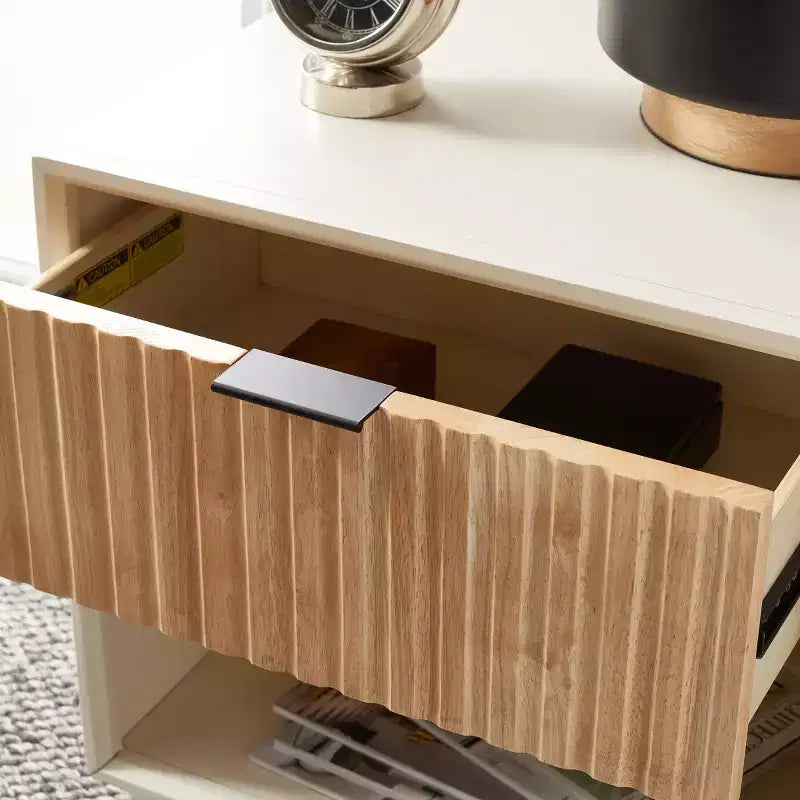 1-Drawer Nightstand with Open Shelf, Carved Wood Drawer & White Frame