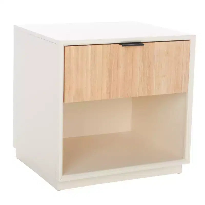 1-Drawer Nightstand with Open Shelf, Carved Wood Drawer & White Frame