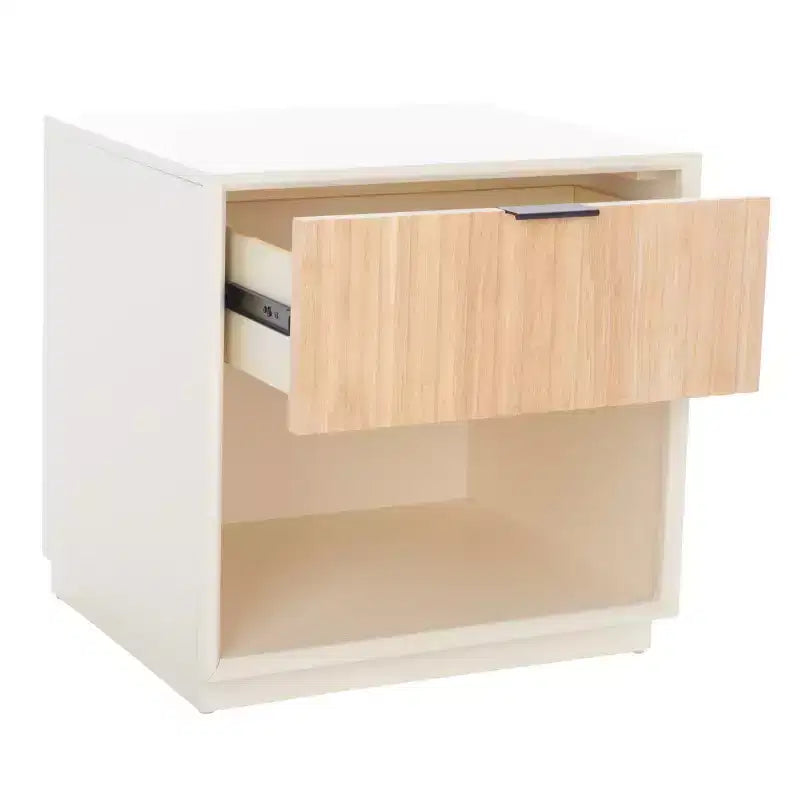 1-Drawer Nightstand with Open Shelf, Carved Wood Drawer & White Frame