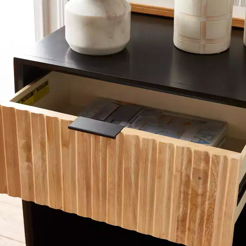 1-Drawer Nightstand with Open Shelf, Carved Wood Drawer & White Frame