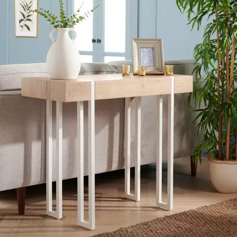 Scandinavian Console Table with Hairpin Legs, Wood Veneer Top, Brown/White